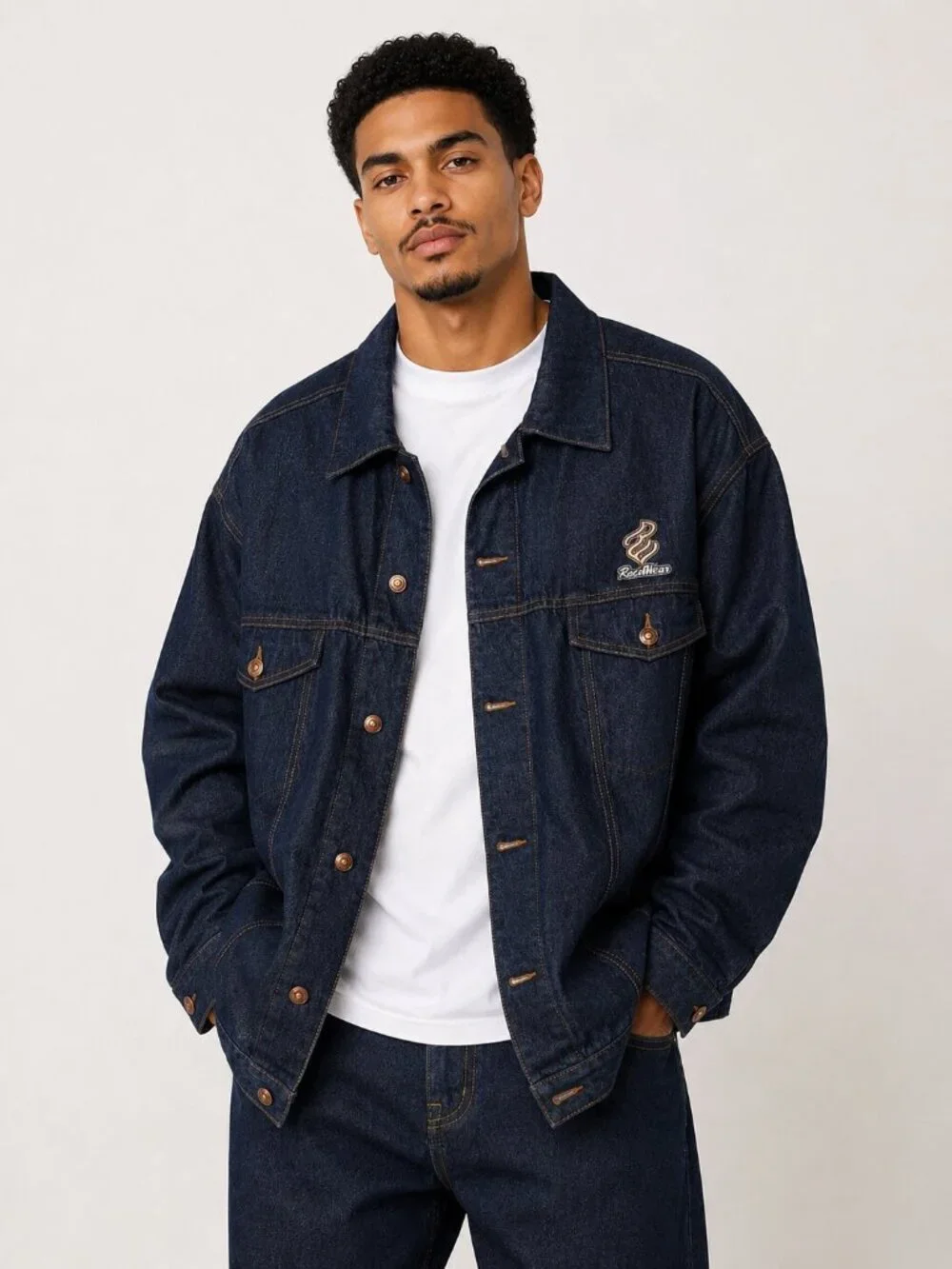 RocaWear 90s Vintage Jean Jacket Mens Size 38 Dark Blue Y2K Streetwear EUC